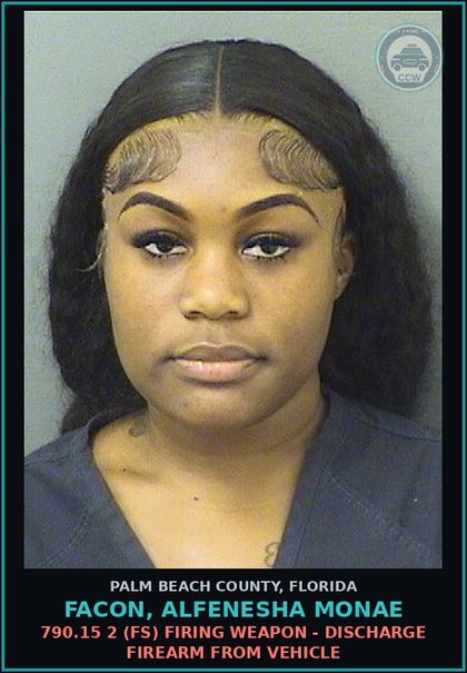 CCW arrest card for FACON, ALFENESHA MONAE in Palm Beach County: 790.15 2 (FS) FIRING WEAPON - DISCHARGE FIREARM FROM VEHICLE