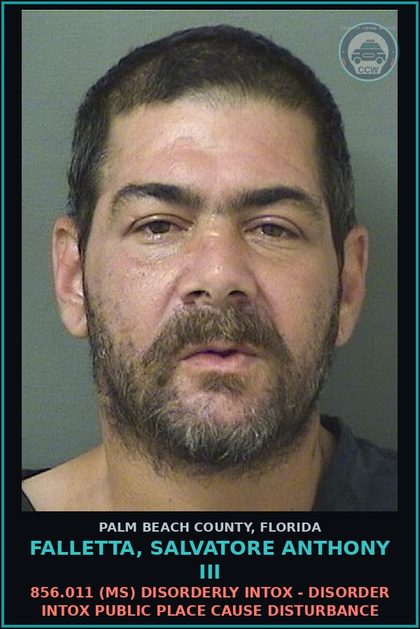 CCW arrest card for FALLETTA, SALVATORE ANTHONY III in Palm Beach County: 856.011 (MS) DISORDERLY INTOX - DISORDER INTOX PUBLIC PLACE CAUSE DISTURBANCE