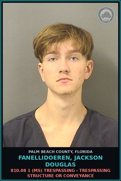 CCW arrest card for FANELLIDOEREN, JACKSON DOUGLAS in Palm Beach County: 810.08 1 (MS) TRESPASSING - TRESPASSING STRUCTURE OR CONVEYANCE