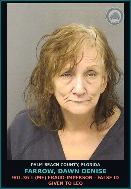 CCW arrest card for FARROW, DAWN DENISE in Palm Beach County: 893.13 6A (FT) DRUGS-POSSESS - POSSESS contr substance W/O PRESCRIPTION