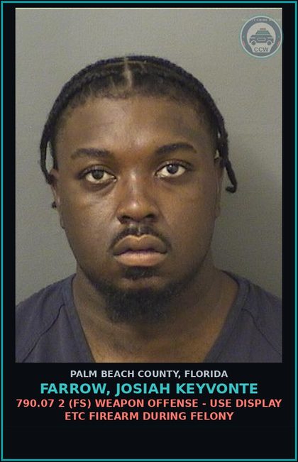 CCW arrest card for FARROW, JOSIAH KEYVONTE in Palm Beach County: 893.13 6B (MF) Canna-POSSESS - POSSESS LESS THAN 20 GRAMS Canna