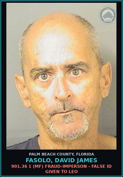 CCW arrest card for FASOLO, DAVID JAMES in Palm Beach County: 948.06 PROB VIOLATION -