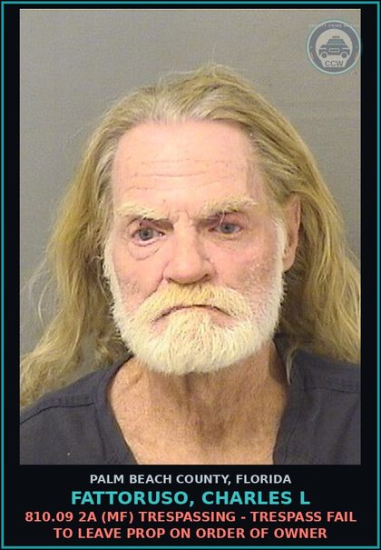 CCW arrest card for FATTORUSO, CHARLES L in Palm Beach County: 810.09 2A (MF) TRESPASSING - TRESPASS FAIL TO LEAVE PROP ON ORDER OF OWNER