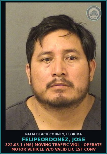 CCW arrest card for FELIPEORDONEZ, JOSE in Palm Beach County: 322.03 1 (MS) MOVING TRAFFIC VIOL - OPERATE MOTOR VEHICLE W/O VALID LIC 1ST CONV