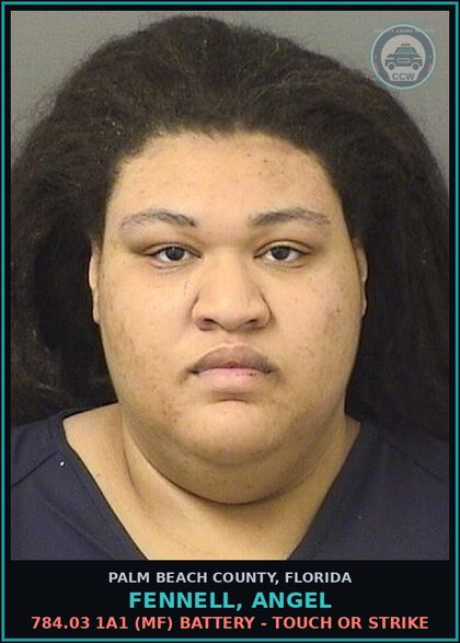 CCW arrest card for FENNELL, ANGEL in Palm Beach County: 784.03 1A1 (MF) BATTERY - TOUCH OR STRIKE