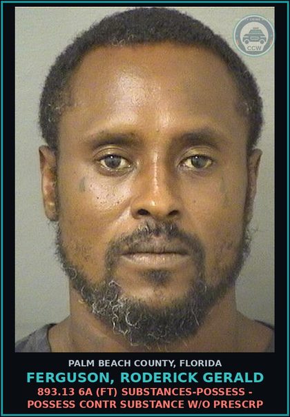 CCW arrest card for FERGUSON, RODERICK GERALD in Palm Beach County: 893.13 6A (FT) DRUGS-POSSESS - POSSESS contr substance W/O PRESCRIPTION