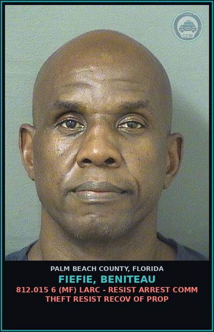 CCW arrest card for FIEFIE, BENITEAU in Palm Beach County: 812.014 3A (MS) LARC - OTHER THEFT