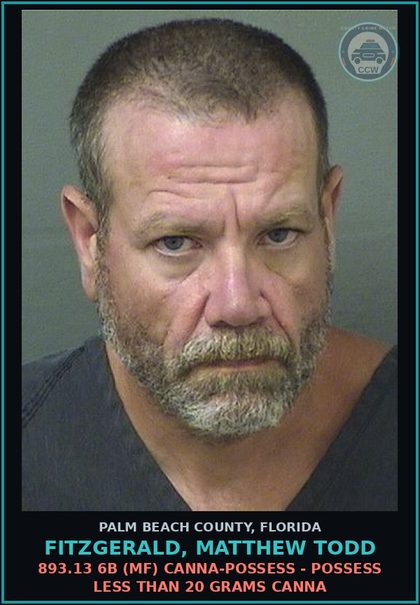 CCW arrest card for FITZGERALD, MATTHEW TODD in Palm Beach County: 893.13 6B (MF) Canna-POSSESS - POSSESS LESS THAN 20 GRAMS Canna