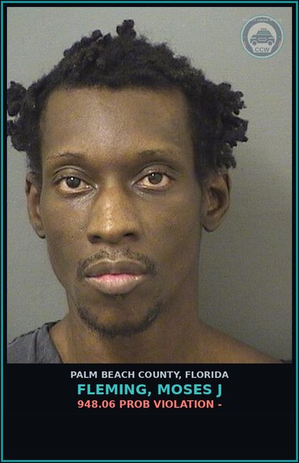 CCW arrest card for FLEMING, MOSES J in Palm Beach County: 948.06 PROB VIOLATION -