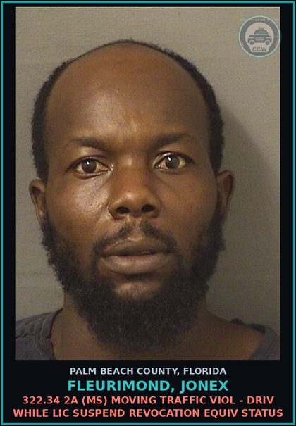 CCW arrest card for FLEURIMOND, JONEX in Palm Beach County: 322.34 2A (MS) MOVING TRAFFIC VIOL - DRIV WHILE LIC SUSPEND REVOCATION EQUIV STATUS