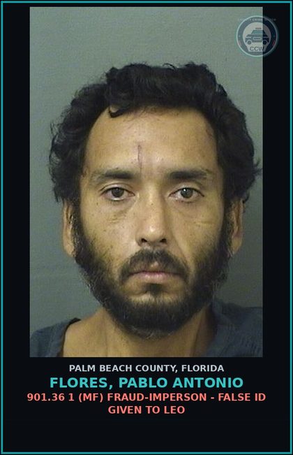 CCW arrest card for FLORES, PABLO ANTONIO in Palm Beach County: 901.36 1 (MF) FRAUD-IMPERSON - FALSE ID GIVEN TO LEO