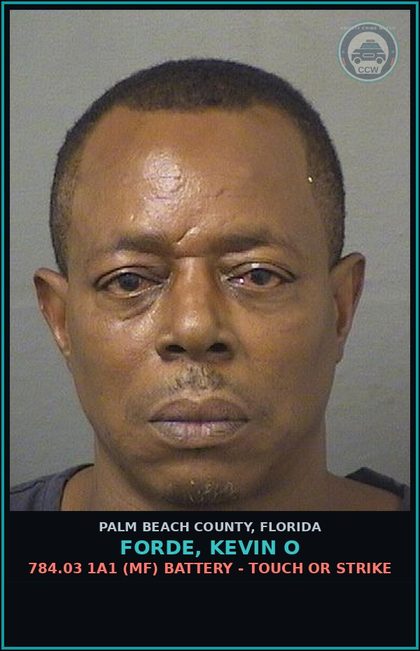 CCW arrest card for FORDE, KEVIN O in Palm Beach County: 784.03 1A1 (MF) BATTERY - TOUCH OR STRIKE