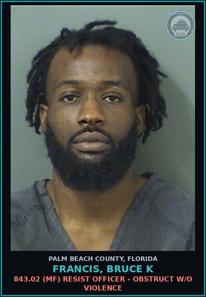 CCW arrest card for FRANCIS, BRUCE K in Palm Beach County: 843.02 (MF) RESIST OFFICER - OBSTRUCT W/O VIOLENCE