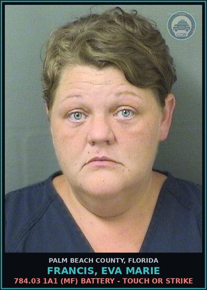 CCW arrest card for FRANCIS, EVA MARIE in Palm Beach County: 784.03 1A1 (MF) BATTERY - TOUCH OR STRIKE