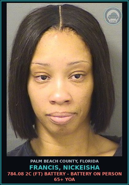 CCW arrest card for FRANCIS, NICKEISHA in Palm Beach County: 784.08 2C (FT) BATTERY - BATTERY ON PERSON 65+ YOA