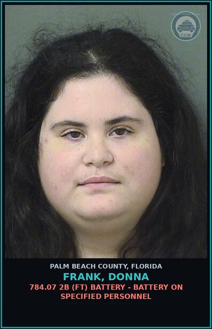 CCW arrest card for FRANK, DONNA in Palm Beach County: 784.07 2B (FT) BATTERY - BATTERY ON SPECIFIED PERSONNEL