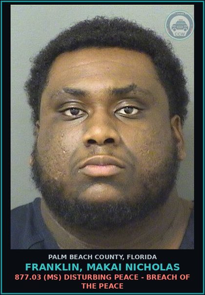 CCW arrest card for FRANKLIN, MAKAI NICHOLAS in Palm Beach County: 877.03 (MS) DISTURBING PEACE - BREACH OF THE PEACE
