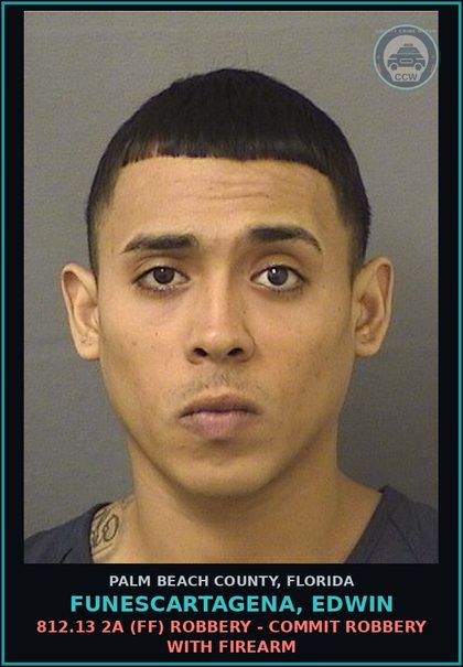 CCW arrest card for FUNESCARTAGENA, EDWIN in Palm Beach County: 812.13 2A (FF) ROBBERY - COMMIT ROBBERY WITH FIREARM