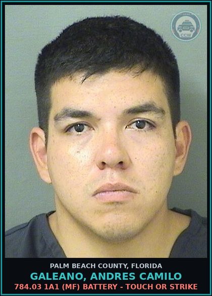 CCW arrest card for GALEANO, ANDRES CAMILO in Palm Beach County: 784.03 1A1 (MF) BATTERY - TOUCH OR STRIKE