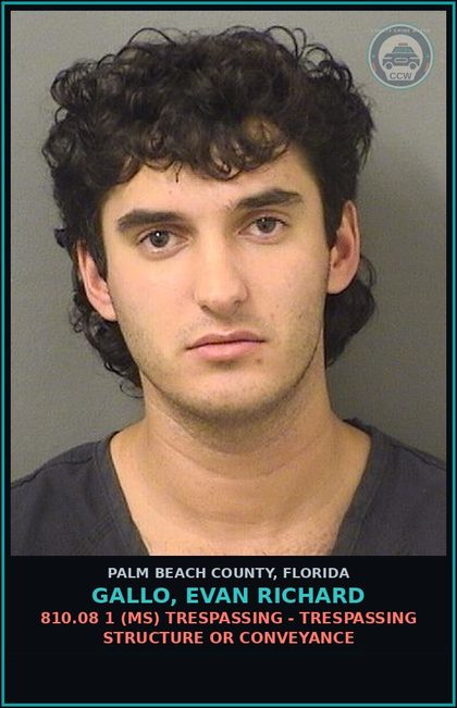 CCW arrest card for GALLO, EVAN RICHARD in Palm Beach County: 810.08 1 (MS) TRESPASSING - TRESPASSING STRUCTURE OR CONVEYANCE