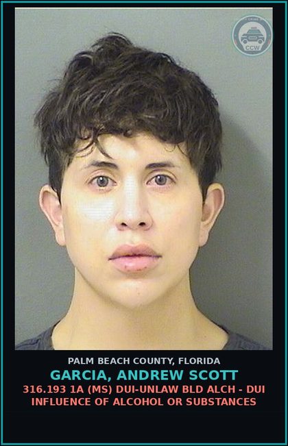 CCW arrest card for GARCIA, ANDREW SCOTT in Palm Beach County: 316.193 1A (MS) DUI-UNLAW BLD ALCH - DUI INFLUENCE OF ALCOHOL OR DRUGS