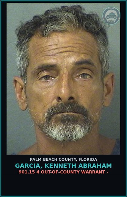 CCW arrest card for GARCIA, KENNETH ABRAHAM in Palm Beach County: 901.15 4 OUT-OF-COUNTY WARRANT -