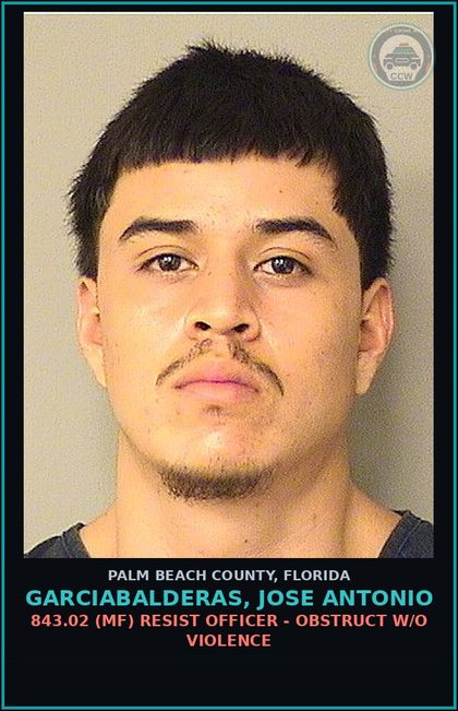 CCW arrest card for GARCIABALDERAS, JOSE ANTONIO in Palm Beach County: 322.03 1 (MS) MOVING TRAFFIC VIOL - OPERATE MOTOR VEHICLE W/O VALID LIC 1ST CONV