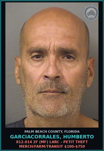 CCW arrest card for GARCIACORRALES, HUMBERTO in Palm Beach County: 812.014 2F (MF) LARC - PETIT THEFT MERCH/FARM/TRANSIT $100-$750