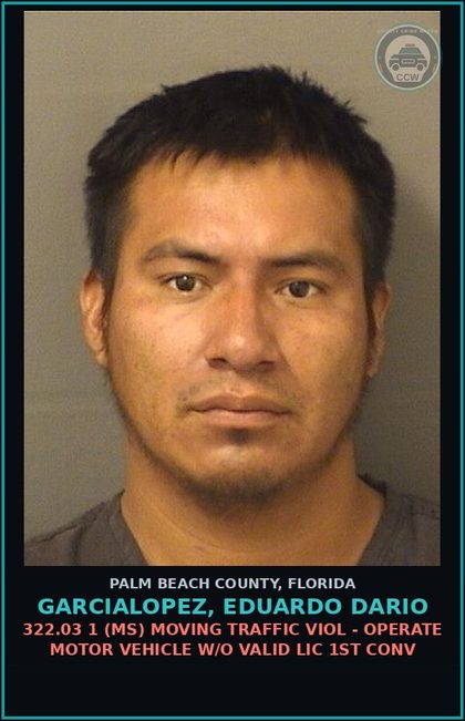 CCW arrest card for GARCIALOPEZ, EDUARDO DARIO in Palm Beach County: 322.03 1 (MS) MOVING TRAFFIC VIOL - OPERATE MOTOR VEHICLE W/O VALID LIC 1ST CONV