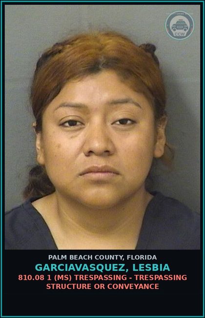 CCW arrest card for GARCIAVASQUEZ, LESBIA in Palm Beach County: 810.08 1 (MS) TRESPASSING - TRESPASSING STRUCTURE OR CONVEYANCE