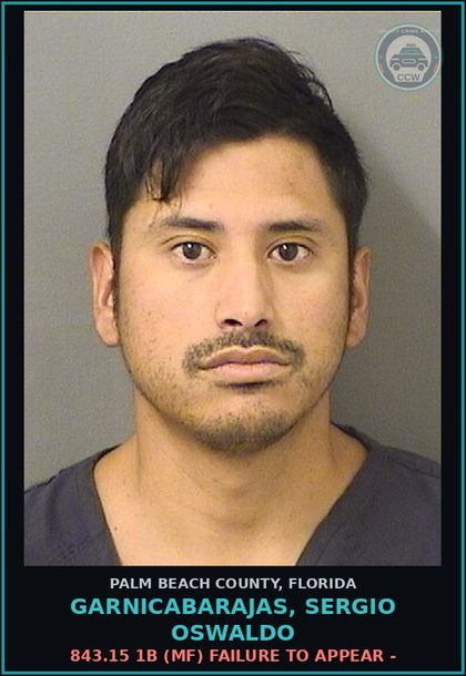 CCW arrest card for GARNICABARAJAS, SERGIO OSWALDO in Palm Beach County: 843.15 1B (MF) FAILURE TO APPEAR -