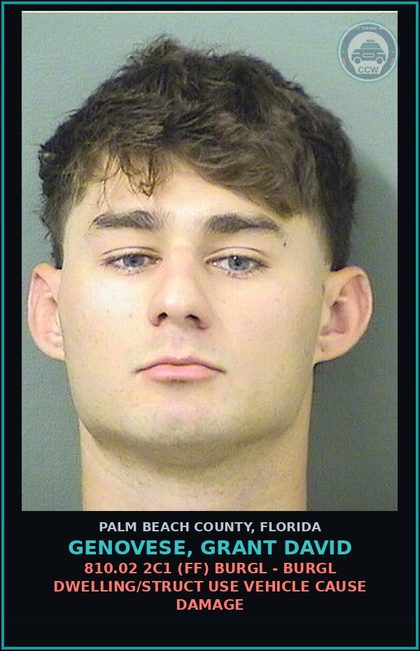 CCW arrest card for GENOVESE, GRANT DAVID in Palm Beach County: 810.02 2C1 (FF) BURGL - BURGL DWELLING/STRUCT USE VEHICLE CAUSE DAMAGE