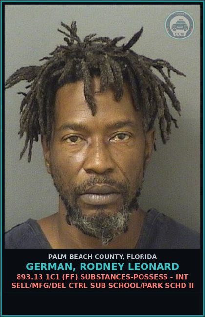 CCW arrest card for GERMAN, RODNEY LEONARD in Palm Beach County: 893.13 1C1 (FF) DRUGS-POSSESS - INT SELL/MFG/DEL CTRL SUB SCHOOL/PARK SCHD II