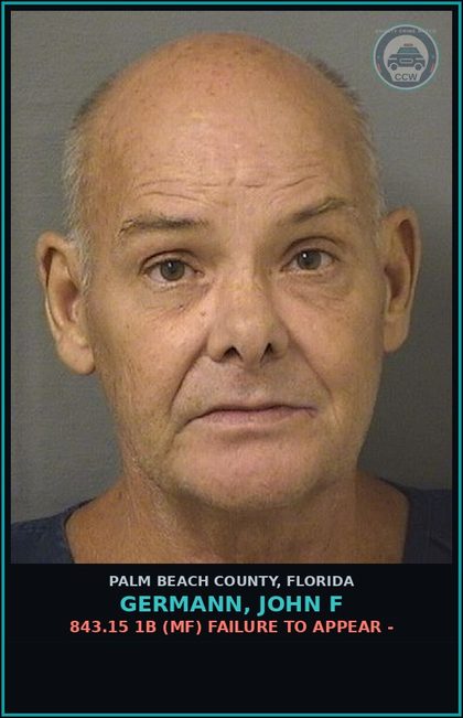 CCW arrest card for GERMANN, JOHN F in Palm Beach County: 843.15 1B (MF) FAILURE TO APPEAR -