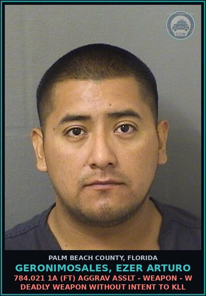 CCW arrest card for GERONIMOSALES, EZER ARTURO in Palm Beach County: 784.021 1A (FT) AGGRAV ASSLT - WEAPON - W DEADLY WEAPON WITHOUT INTENT TO KILL