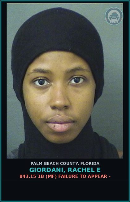 CCW arrest card for GIORDANI, RACHEL E in Palm Beach County: 843.15 1B (MF) FAILURE TO APPEAR -