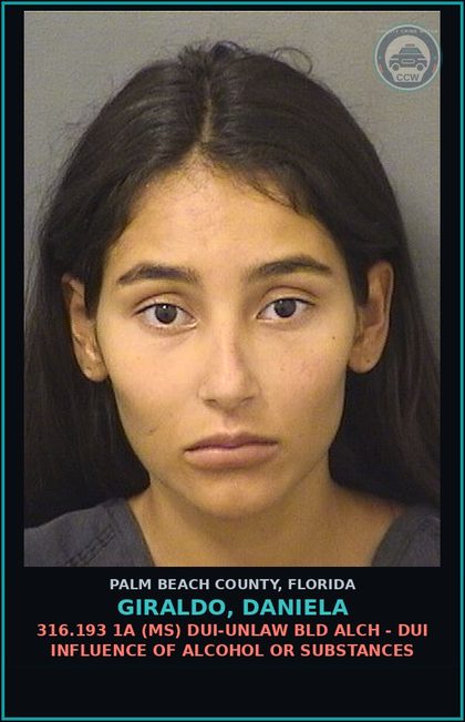 CCW arrest card for GIRALDO, DANIELA in Palm Beach County: 316.193 1A (MS) DUI-UNLAW BLD ALCH - DUI INFLUENCE OF ALCOHOL OR DRUGS