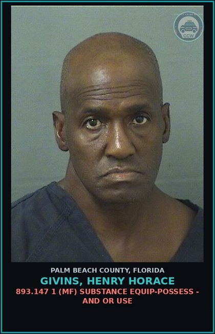 CCW arrest card for GIVINS, HENRY HORACE in Palm Beach County: 893.13 1A1 (FS) DRUGS-POSSESS - POSS INTENT SELL/MFG/DEL CTRL SUB SCHEDULE II