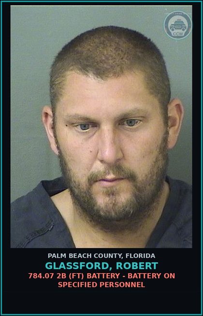 CCW arrest card for GLASSFORD, ROBERT in Palm Beach County: 784.07 2B (FT) BATTERY - BATTERY ON SPECIFIED PERSONNEL