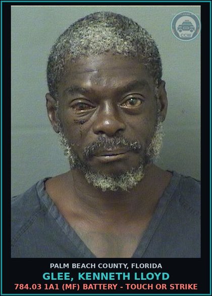 CCW arrest card for GLEE, KENNETH LLOYD in Palm Beach County: 784.03 1A1 (MF) BATTERY - TOUCH OR STRIKE