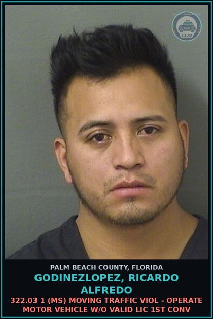 CCW arrest card for GODINEZLOPEZ, RICARDO ALFREDO in Palm Beach County: 316.027 2A (FT) HIT AND RUN - FAIL STOP REM CRSH INV INJ OTH THN SER BOD INJ
