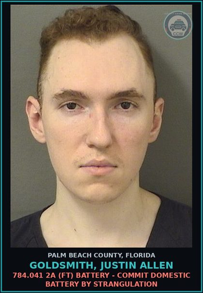 CCW arrest card for GOLDSMITH, JUSTIN ALLEN in Palm Beach County: 784.041 2A (FT) BATTERY - COMMIT DOMESTIC BATTERY BY STRANGULATION