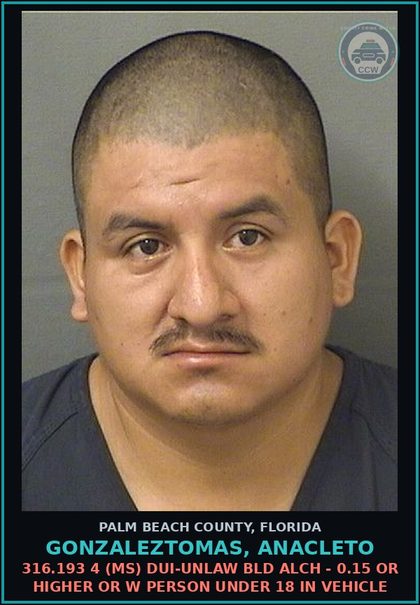 CCW arrest card for GONZALEZTOMAS, ANACLETO in Palm Beach County: 316.193 4 (MS) DUI-UNLAW BLD ALCH - 0.15 OR HIGHER OR W PERSON UNDER 18 IN VEHICLE