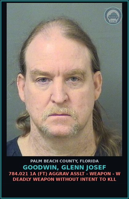 CCW arrest card for GOODWIN, GLENN JOSEF in Palm Beach County: 784.021 1A (FT) AGGRAV ASSLT - WEAPON - W DEADLY WEAPON WITHOUT INTENT TO KILL