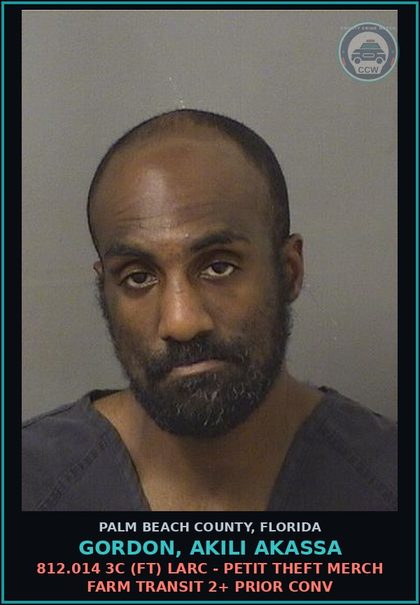 CCW arrest card for GORDON, AKILI AKASSA in Palm Beach County: 812.014 3C (FT) LARC - PETIT THEFT MERCH FARM TRANSIT 2+ PRIOR CONV