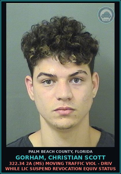 CCW arrest card for GORHAM, CHRISTIAN SCOTT in Palm Beach County: 322.34 2A (MS) MOVING TRAFFIC VIOL - DRIV WHILE LIC SUSPEND REVOCATION EQUIV STATUS