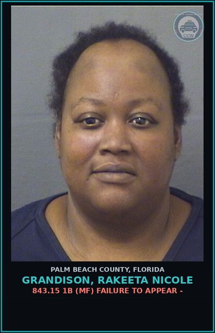 CCW arrest card for GRANDISON, RAKEETA NICOLE in Palm Beach County: 843.15 1B (MF) FAILURE TO APPEAR -