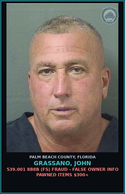 CCW arrest card for GRASSANO, JOHN in Palm Beach County: 812.019 1 (FS) STOLEN PROP-DEAL IN - DEALING TRAFFIC STOLEN PROPERTY