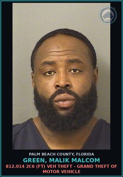 CCW arrest card for GREEN, MALIK MALCOM in Palm Beach County: 784.03 1A1 (MF) BATTERY - TOUCH OR STRIKE