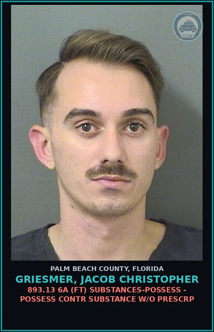 CCW arrest card for GRIESMER, JACOB CHRISTOPHER in Palm Beach County: 893.13 6A (FT) DRUGS-POSSESS - POSSESS contr substance W/O PRESCRIPTION